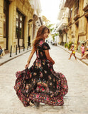 Queens Women Sexy V Neck High Split Long Dress Robe 2020 Print Flare Sleeve Bohemian Ladies Boho Maxi