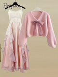 Two Piece Sets Womens Sweet Outfit For Women Temperament Pink Knitted Sweater+ Ruffles Patchwork Straped Fairy Dress