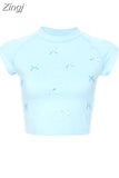 Women's Pink T-Shirt Korean Y2k T-Shirt Summer 90s Fashion Vintage Sexy Short Sleeve Blue Kawaii Crop Top T Shirts Clothes