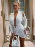 Black Deep V Neck Mini Dress For Women 2022 Summer Hollow Out Backless Full Sleeve Ruched Dresses Female