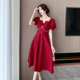 Wedding Party Midi Dresses for Women 2023 New Summer French Chic Square Collar Female Clothes Luxury Evening Black