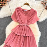 Beach Long Dress Women Elegant V-Neck Short Sleeve Cascading Ruffles Big Swing Vestidos Female Red/Green/Pink Maxi
