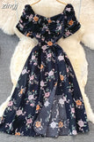 Vintage Women Printed Dresss Sexy Square Collar Short Puff Sleeve High Waist A-Line Vacation Beach Vestidos Female