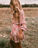 Queens Vintage Women Floral Print Long Sleeve V-neck Ruffles Tassel Beach Bohemian Dresses Rayon Mini Boho Dress