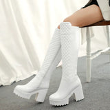 Women Shoes Winter Plush Square High Heel Knee High Boots Fashion Platform Zipper Boots Round Toe Snow Boots White Black