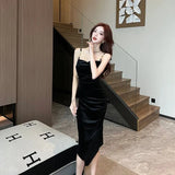 Wedding Party Black Sleeveless Midi Dresses for Women 2023 Autumn New Sexy Fashion Slim Evening Velvet Female