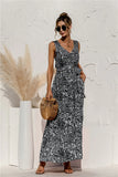 Queens Women Leopard Print Sleeveless Beach Bohemian Maxi Dress Ladies V-neck Belt Boho Sundress