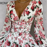 Women Floral Lace-up defined waist Chiffon Deep V neck Spring Sweet