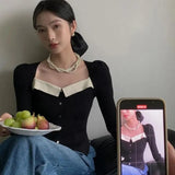 Vintage Knitted Sweater Women Square Collar Cropped Pullovers Korean Elegant Slim Knitwear Simple Patchwork Jumpers