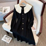 Winter Warm Thick Knit Dress Office Ladies Elegant French Vintage Peter Pan Collar Long Sleeve Knitting Dresses Korean