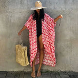 Queens Floral Print Sashes Rayon Cotton Women Bohemian V Neck Batwing Sleeves Robe Kimono Boho Bikini