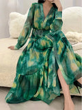 Women French Fashion Single Breasted V Neck Long Dress With Belt Summer Autumn Elegant Print A-line Robe Female Holiday