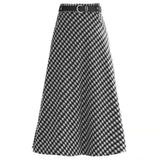 Winter Woolen Houndstooth Midi Skirt With Belt Office Ladies 2021 A-Line Long Skirt For Women Plus Size Plaid Midi