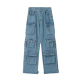 Solid Color Overalls Jeans Women's Y2K Street Retro Loose Wide-Leg Overalls Couple Casual Joker Mopping Jeans Pants