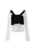 Women's Blouse White Hollow Out Mesh Black Ruffle Lace Up Draped Vest 2023 Summer Chic Vintage Casual Korean Shirt