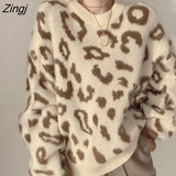 Streetwear Women Vintage Leopard Sweaters Pullovers Autumn Winter Fashion Harajuku Loose O-Neck Lazy Wind Korean Y2k