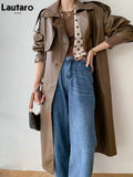 Autumn Long Oversized Black Faux Leather Trench Coat for Women Raglan Long Sleeve Double Breasted Brown Korean