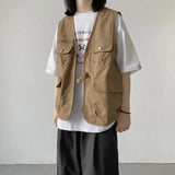 Streetwear Cargo Vests Women Button Pocket Sleeveless Loose Jacket Bf Hip Hop Vintage V Neck Chic Casual Tops Thin