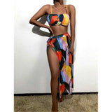 New Sexy 3Pcs Women Bikini Set With Beach Dress Printed Patchwork Biquini Swimwear Push Up Swimsuit Summer Bathing