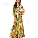 Leaf Printing Deep V-Neck Dress 2022 Spring/Autumn Women Beachwear Plus Size Half Sleeve Side Split Long Dresses