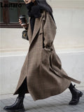Autumn Winter Long Loose Stylish Warm Plaid Wool Blends Coat Women Sashes Luxury Designer Runway European Fashion