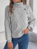 2025 Casual Solid Color Button Stung High-Collar Lantern Sleeve Sweater Women's