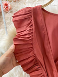 Women Green/Red/Beige Pleated Midi Dress Vintage V-Neck Draped Party Robe Female Elegant Casual Vestidos New Fashion