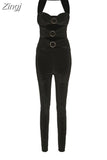 Women Early Autumn New High Street Solid Hollow Out Sexy Two Pieces Sets Halter Low Cut Skinny Top&Black Elastic