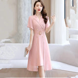summer fashion suit collar dress female celebrity temperament mid-length French dress with waist and thinness reducing