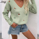 Casual Loose Flower Knit Bottoming Sweaters V-Neck Full Sleeve Sweater Pullovers 2022 New Cotton Pullover Sweater