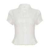 Small Fragrant Pure Girl Bubble Sleeve Strapped With Wood Ear Age Reduction Netcloak Umbilly Short-Sleeved