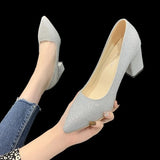 Heels for Women 2022 Pointed Shallow Ladies Dress Shoes Sequins Solid Color Chunky Heels Black Shoes Zapatos De