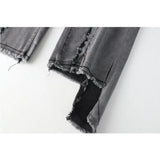Flared Jeans Women's Stitch Folds Irregular Mopp Black Gray Straight Loose Raw Edge Trousers Female Denim Pants
