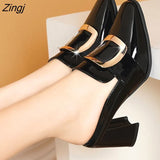 Pointy, Chunky Muller Heels Metal Decoration Women's Shoes Black White High Heel Stylish Patent Leather