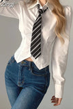 Fashion Chic Slim White Long Sleeve Women Blouses and Tops Casual Cropped Shirt Spring Buttons Cardigan With Tie