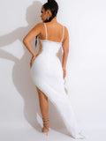 Sexy Blue Mesh Crystal Patchwork Asymmetrical Maxi Dress Women Strap See Through Bodycon Clubwear Long