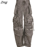 Fashion Women's Jeans Solid Color High Waist Straight Multiple Pockets Denim Cargo Pants Female Autumn 2023 New