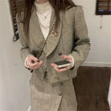 Vintage Temperament Sets Female 2021 Lapel Houndstooth Loose Suit Woolen Jacket High Waist Straight Split Skirt 2pcs