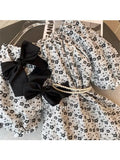 Women Vestidos Elegant Chic Puff Sleeve Flower Print Mini Dress Female Retro Sweet Bow Decorate A-line Princess Dress