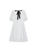 Women's Dress Female Square Collar Puff Sleeve White Dress Summer Korean Elegant Tunic High Waist A-line Mid Long