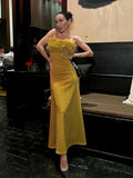 Spaghetti Strap Feather Long Dress Elegant Yellow Green Sleeveless Feather Slim Dresses Women Celebrity Party Evening