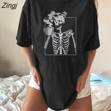Harajuku Drop Shoulder T-shirt Women Tea-drinking Skull Skeleton Funny Tee Half Plus Size Hip Hop Summer Punk
