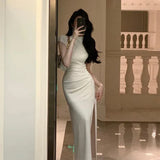Women's Elegant Summer 2023 Pleated Fashion Sexy Slim Long Dress Short Sleeve Party Prom Elegant Black Dresses Female