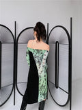Handwriting Designer Bodycon Halter Neck Dress For Women 2022 High Fashion Patchwork Long Drawstring Slit Dress