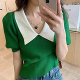 Vintage Knitted Pullover T Shirt Women Sweet Patchwork Puff Short Sleeve Tops Office Elegant Peter Pan Collar Slim