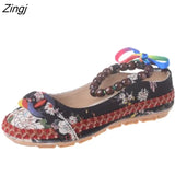 Size Flat Shoes Woman Beaded Strap Women Colorful Back Lace up Fashion Ladies Floral Cotton Fabric Women's