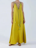 V-neck Drawstring Tassel Maxi Dress Women Loose Backless Sleeveless Sling Robes 2024 Fashion Female Vacation Beach