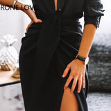 Women Plain Button Design Shirt & Twisted Slit Skirt Set Women Set Solid Set Two