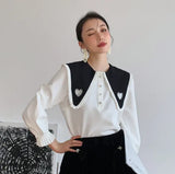 2 Piece Sailor Collar Vintage White Long Sleeve Top And Blouse Women Lantern Sleeve Cut Out Ladies Top Designer