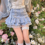 Kawaii Mini Skirt Women Summer Casual Designer Elegant Lolita Sexy Skirt High Waist Lace Bandage Y2k Sweet